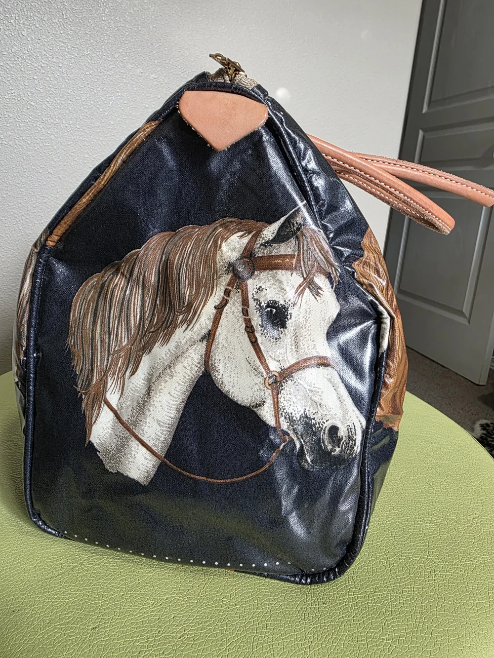Vintage Equestrian Horse Print Hand Bag Navy Coated Vachetta Leather Handles